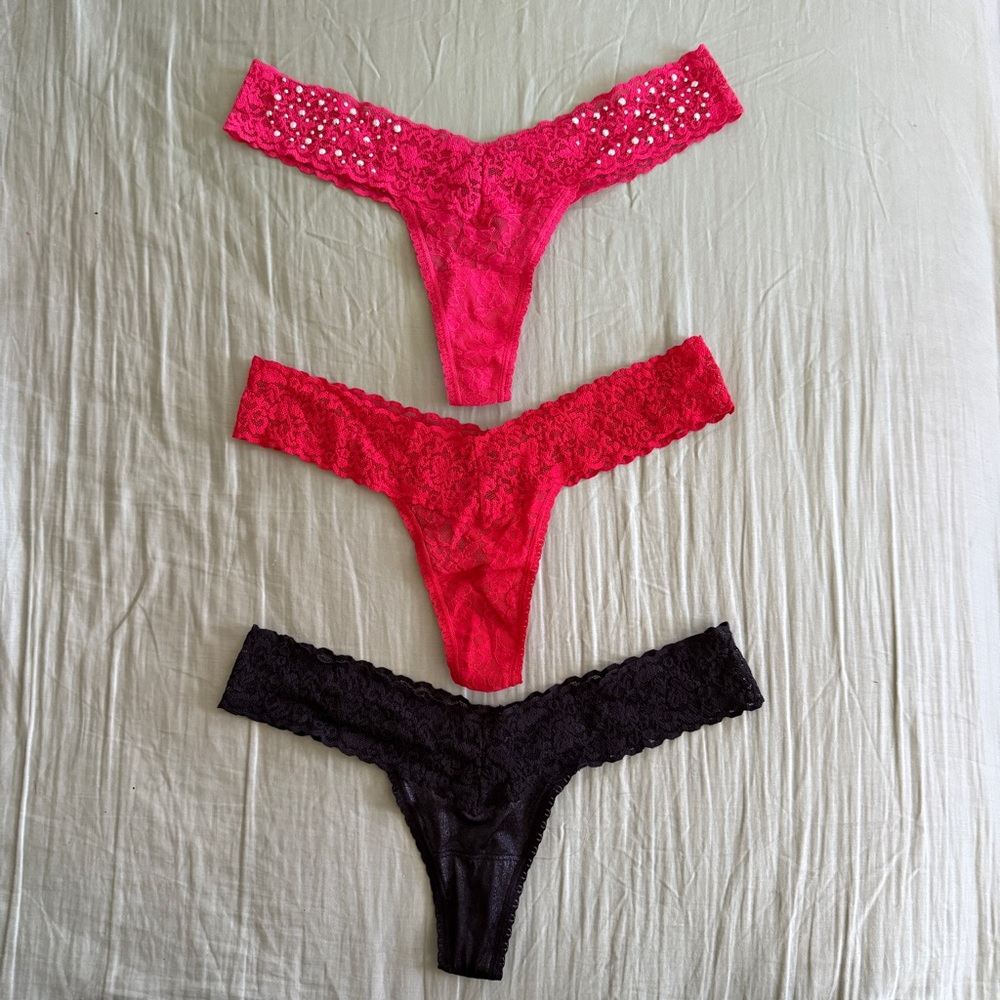 3 x Victoria's Secret Luxe The Lacie Thong Panties Floral Lace Waistband